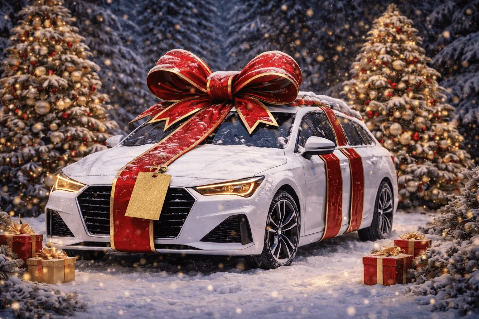 Weihnachtsauto mit roter Schleife im Schnee, Tannenbäume.