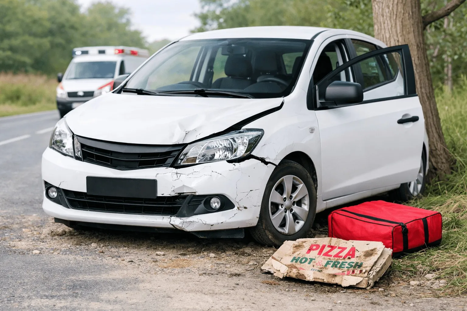 Beschädigtes Auto nach Unfall am Straßenrand
