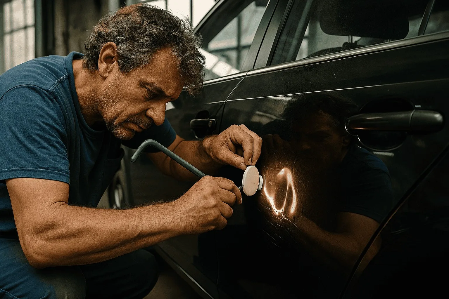 Mann repariert Delle im Auto