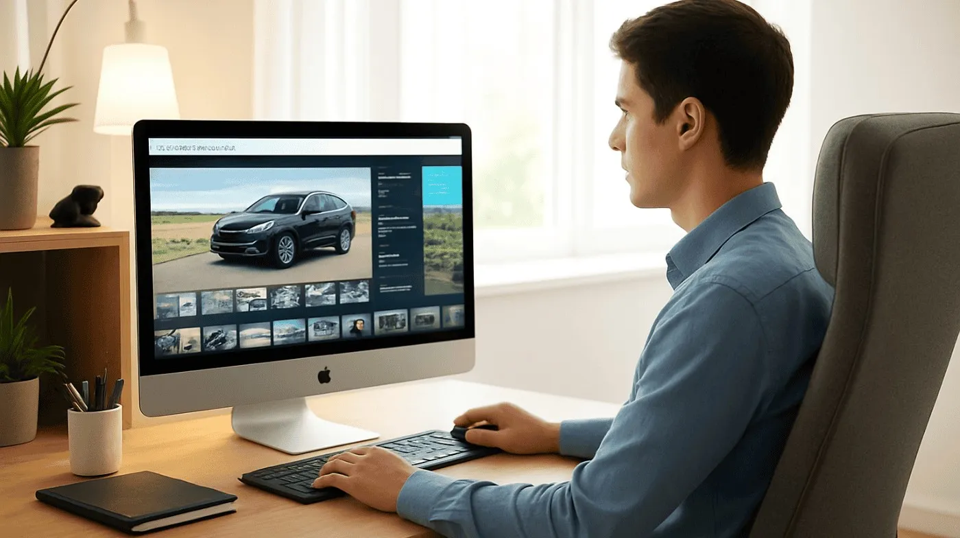 Mann betrachtet Auto auf Computerbildschirm.