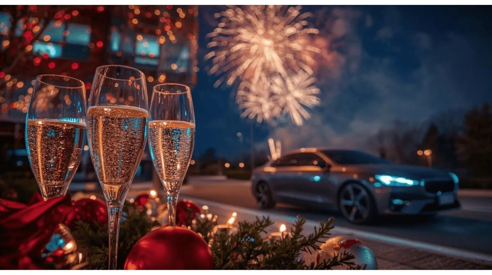 Feier mit Sekt und Feuerwerk in der Nacht