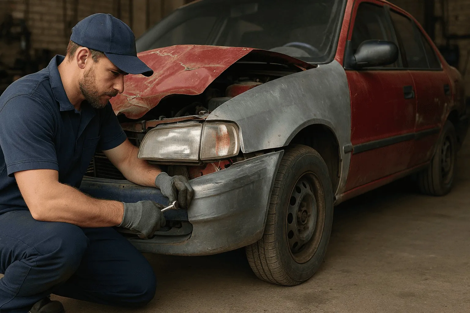 Mechaniker repariert beschädigtes Auto in Werkstatt.