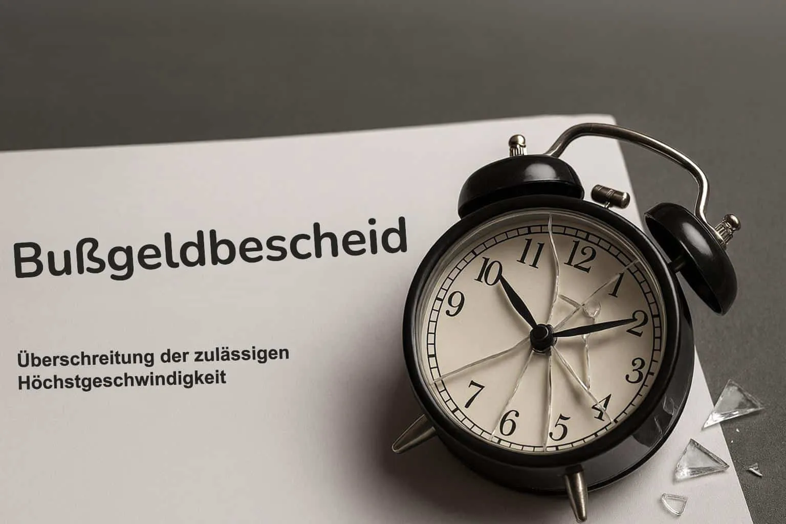 Bußgeldbescheid neben zerbrochenem Wecker