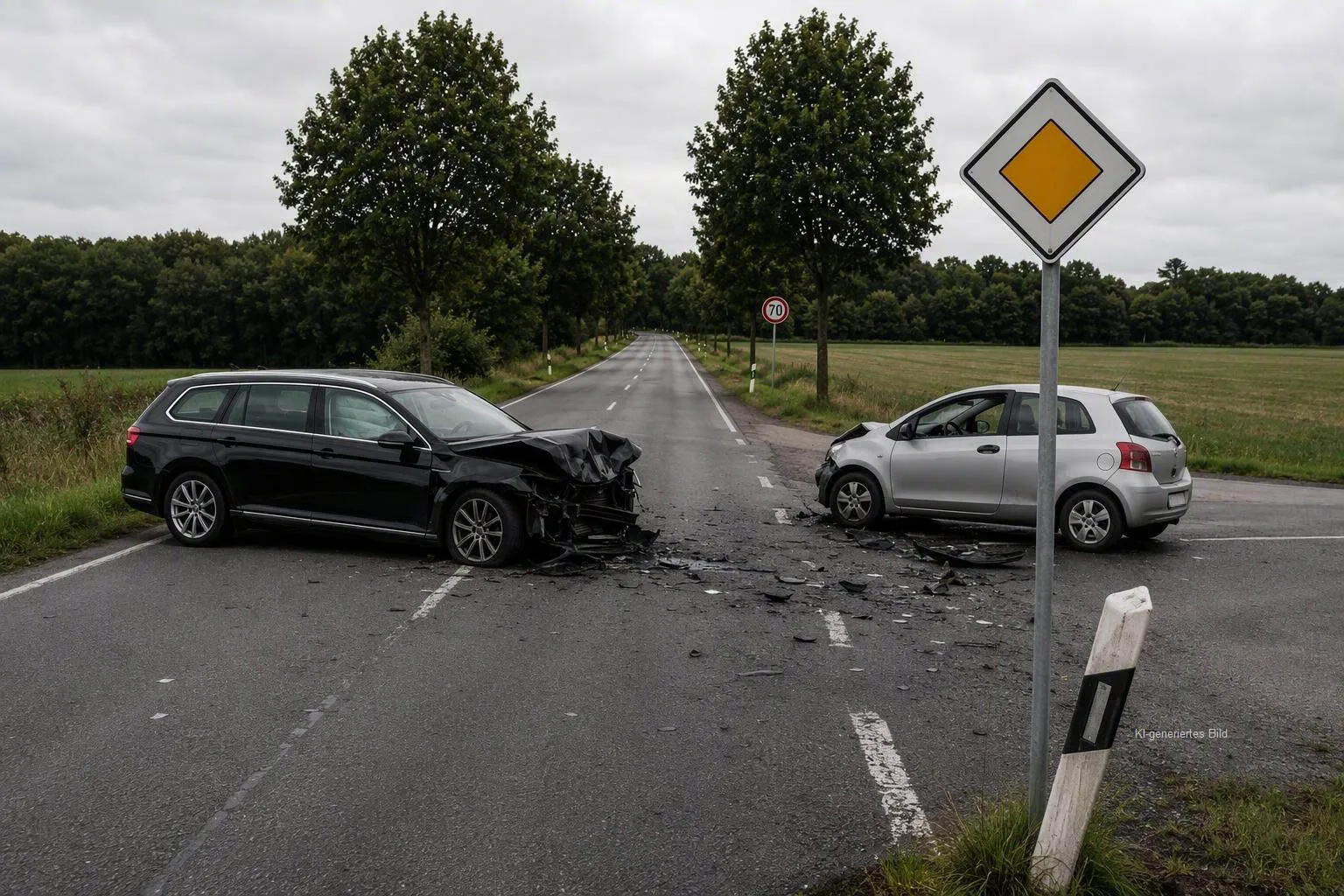 Zwei beschädigte Autos nach Unfall auf Landstraße