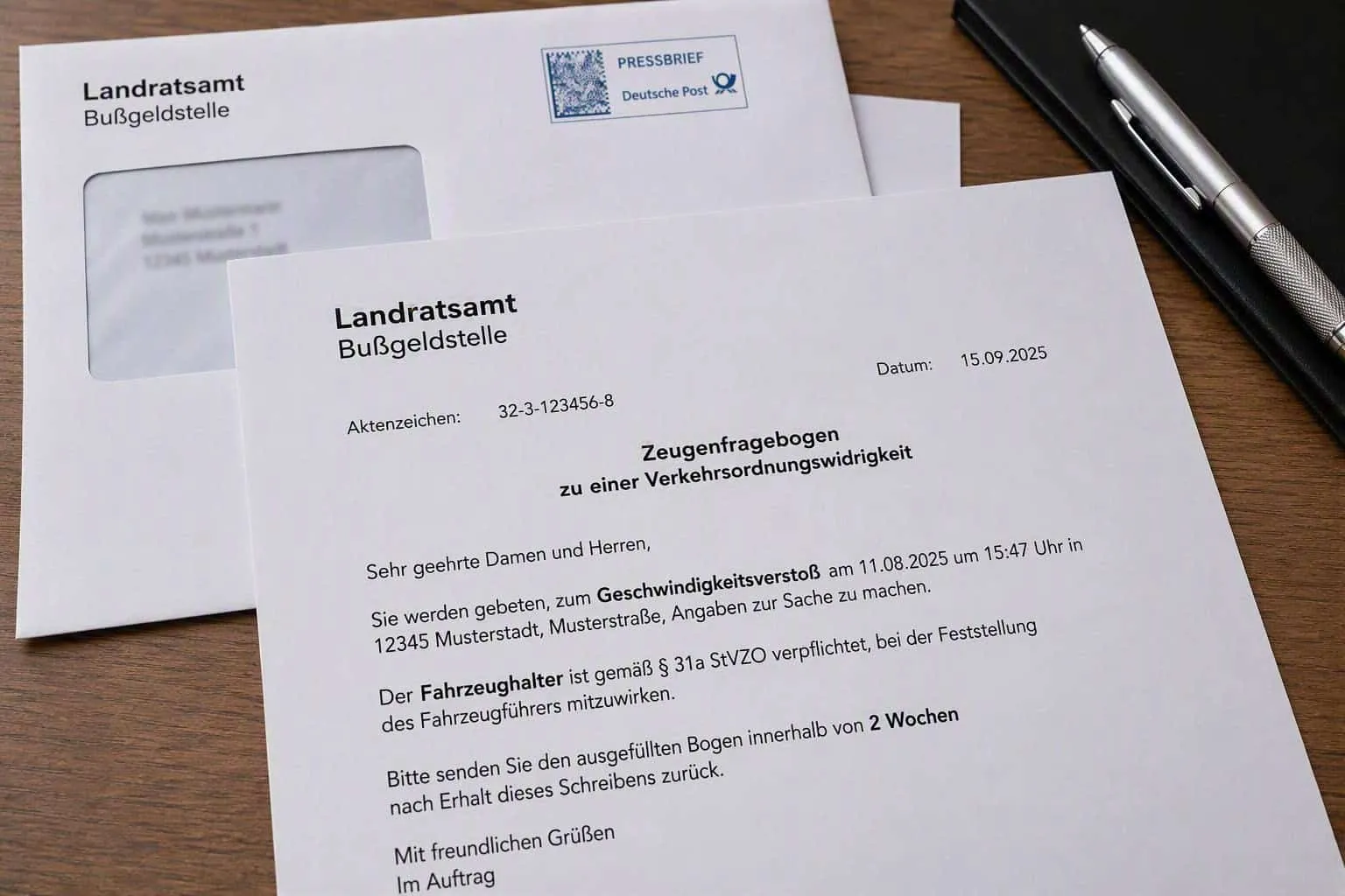 Bußgeldbescheid vom Landratsamt auf Schreibtisch