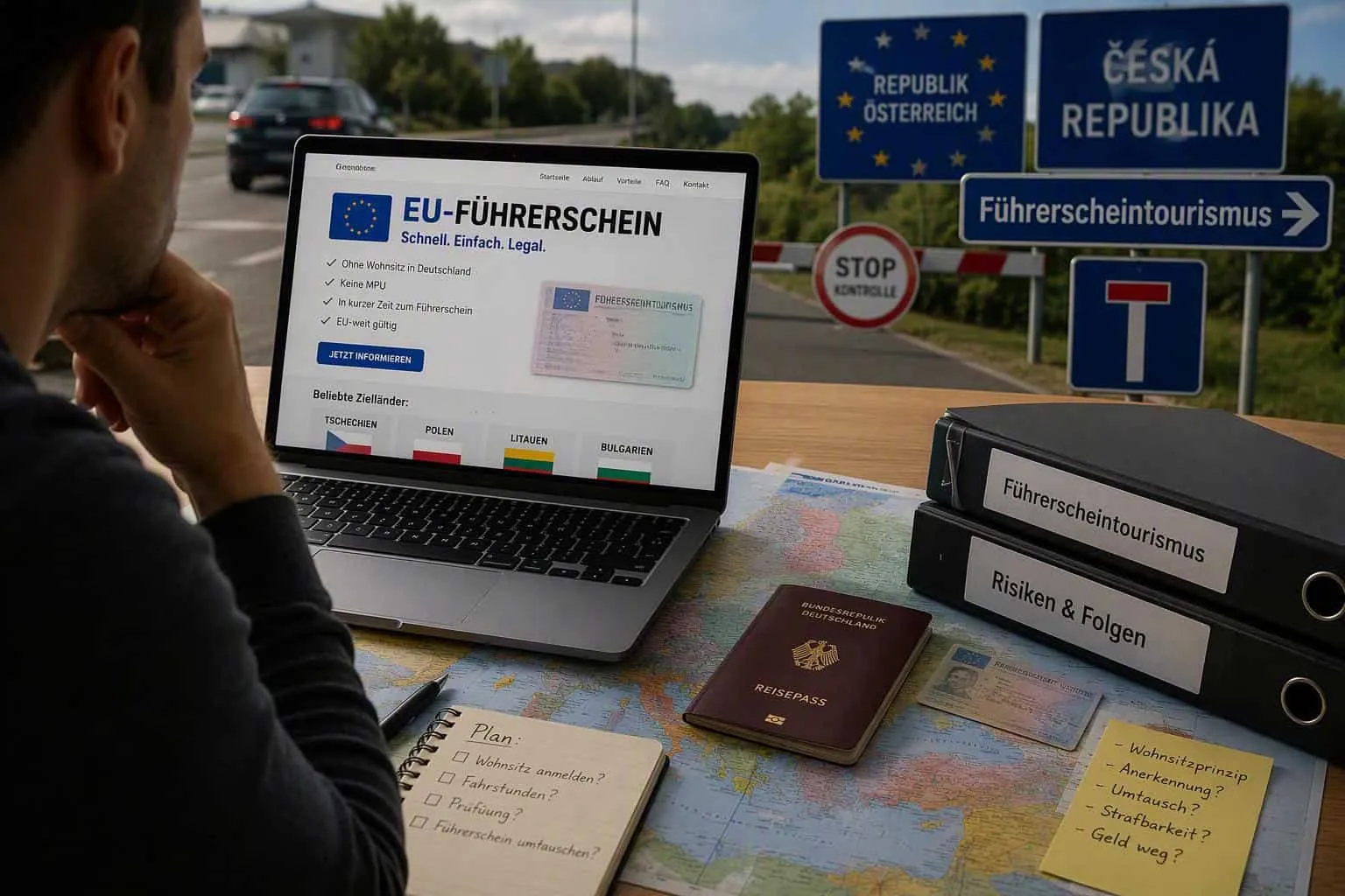 Mann recherchiert EU-Führerschein an Ländergrenze