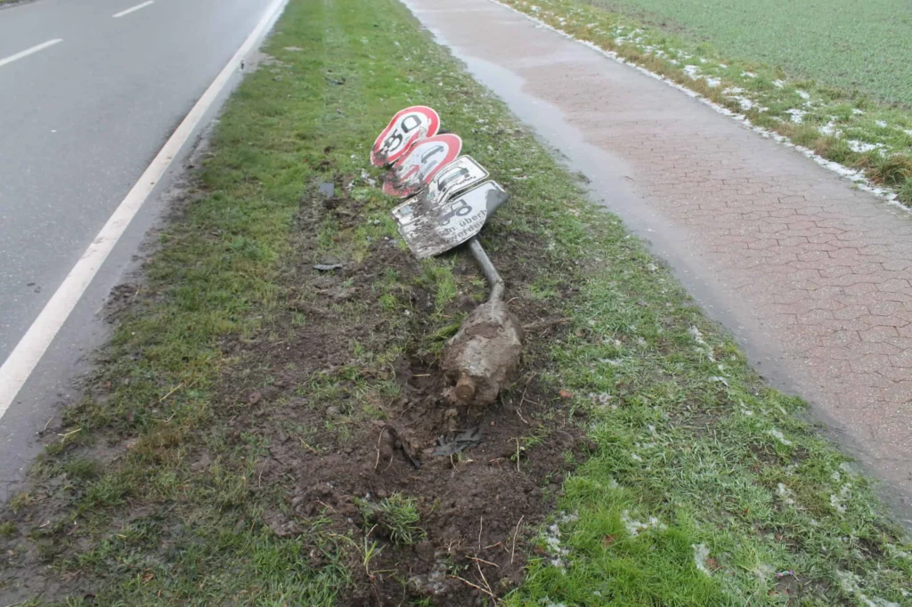 Umgefallenes Verkehrsschild im Matsch an der Straße.