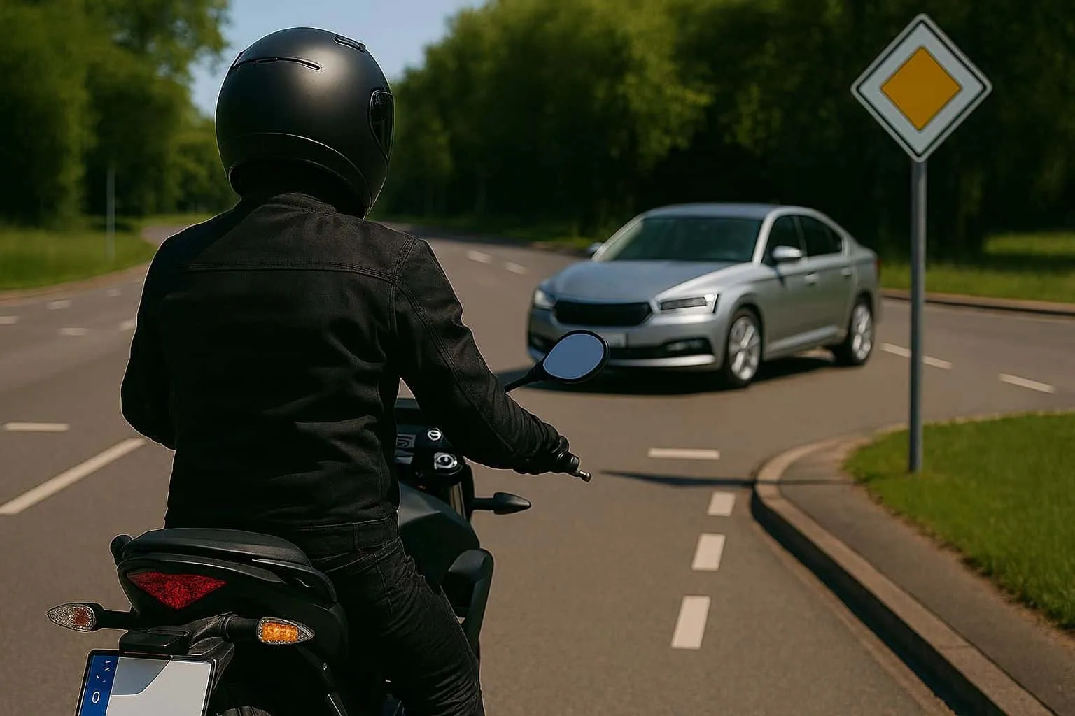 Motorradfahrer an Kreuzung mit Vorfahrtsschild