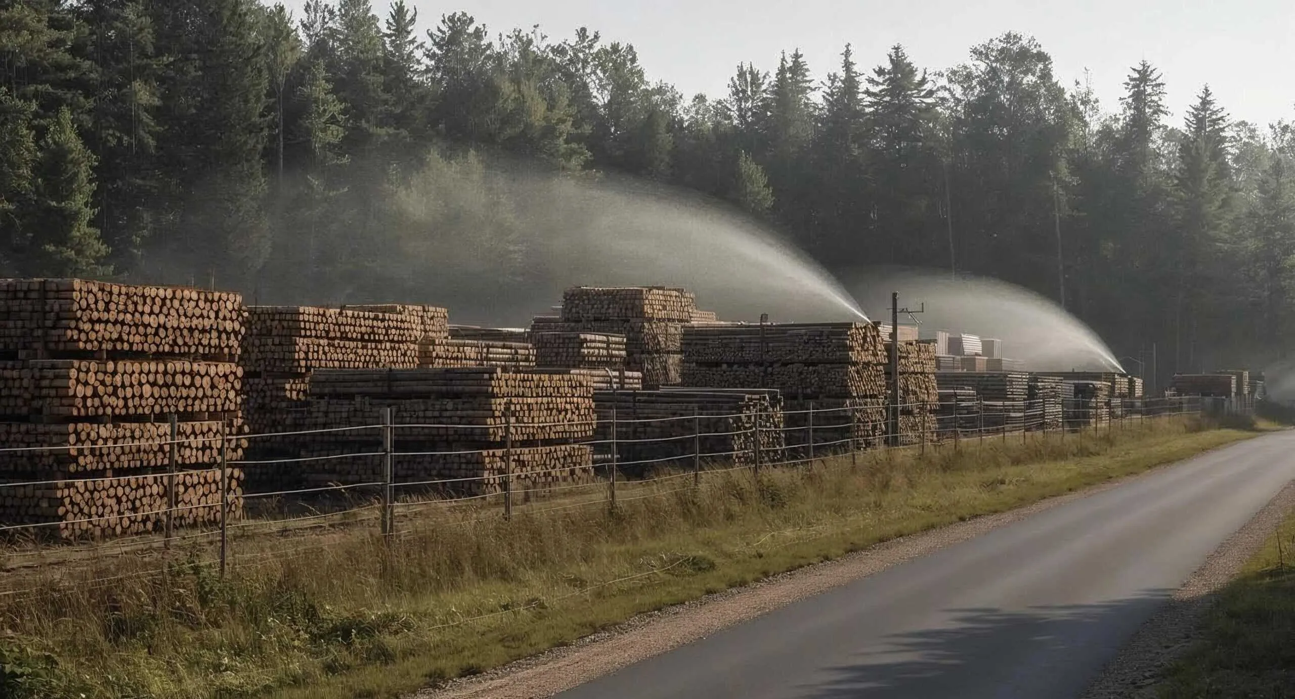 Holzstapel im Wald mit Bewässerungssystem