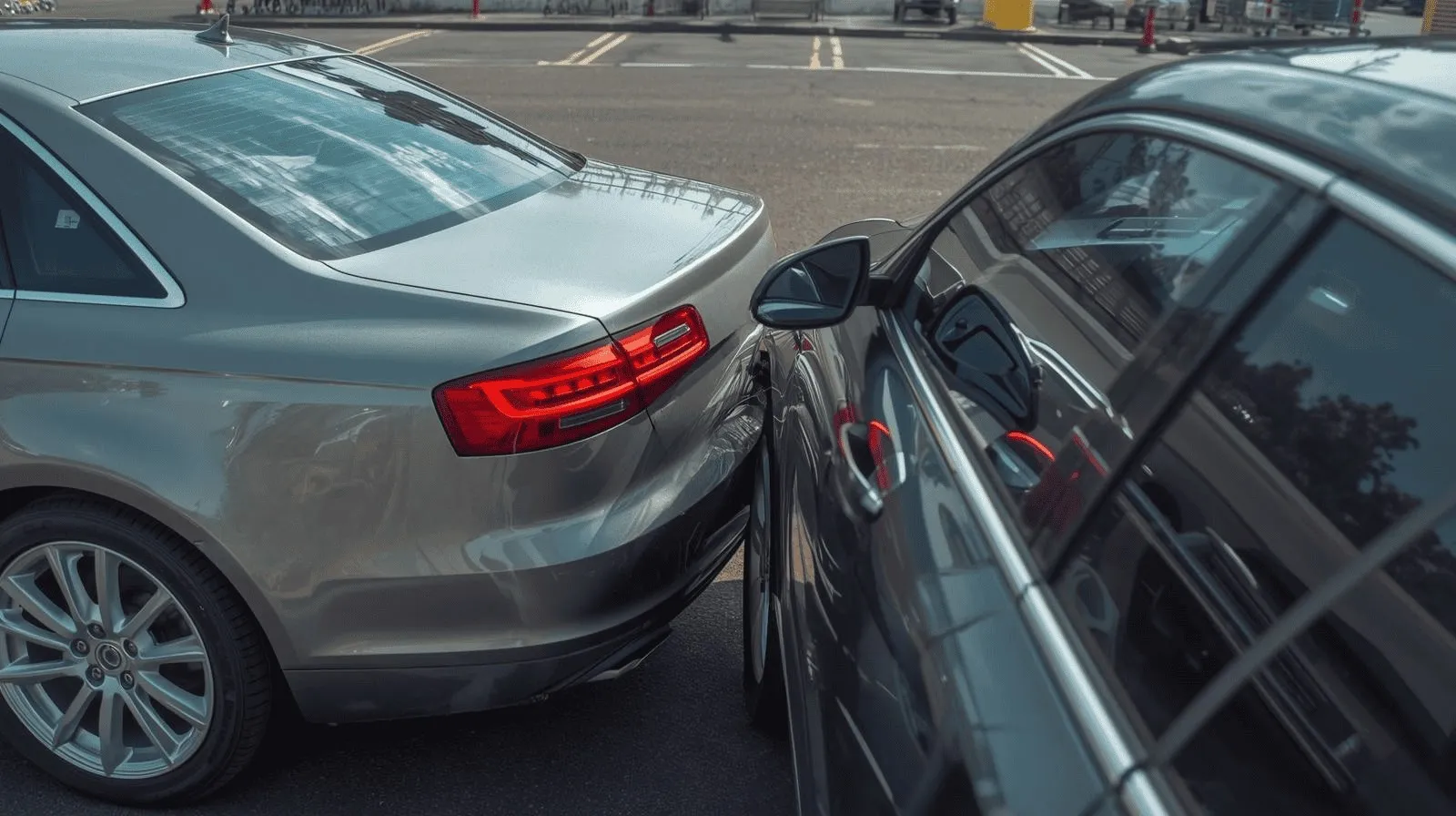 Autoauffahrunfall auf Parkplatz aus nächster Nähe.