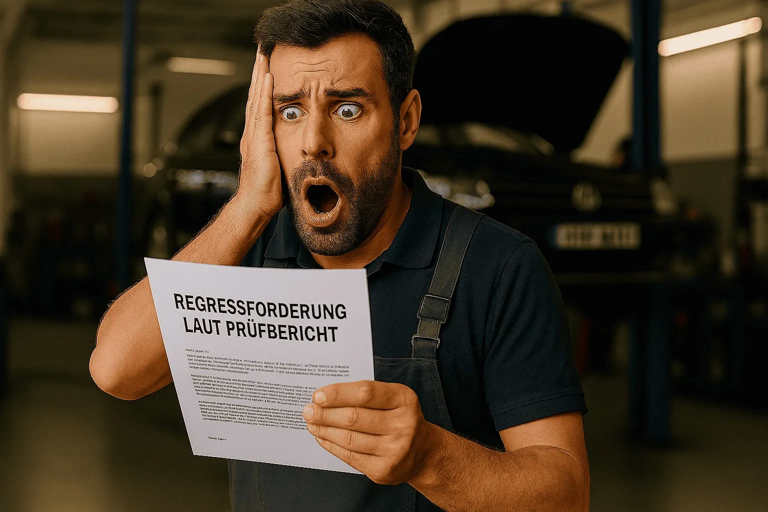 Erschrockener Mechaniker liest Regressforderung in Werkstatt
