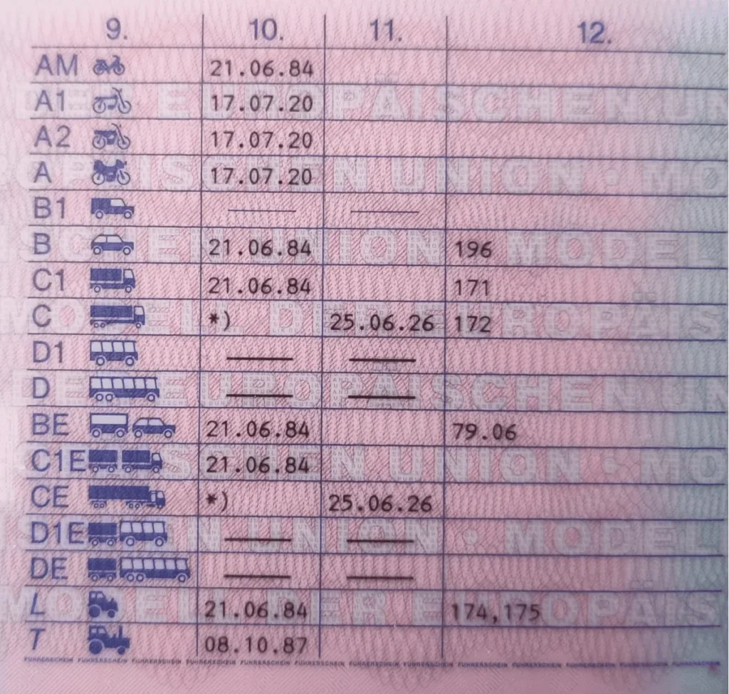 Führerschein mit verschiedenen Fahrzeugklassen und Gültigkeitsdaten.