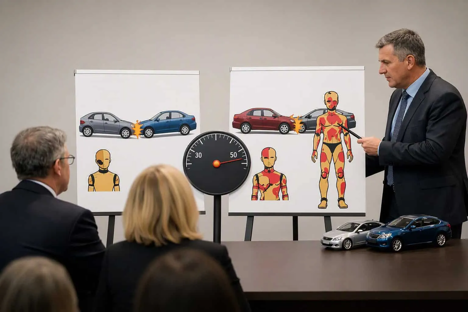 Präsentation zu Autounfall und Verletzungsanalyse im Büro