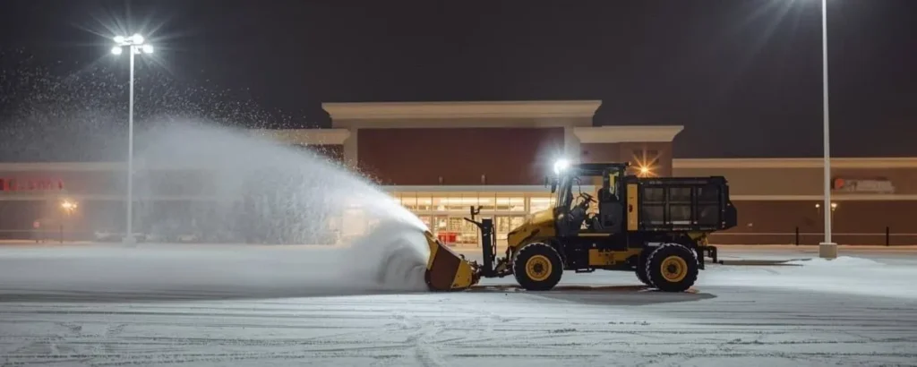 Schneepflug räumt nachts Einkaufszentrum-Parkplatz