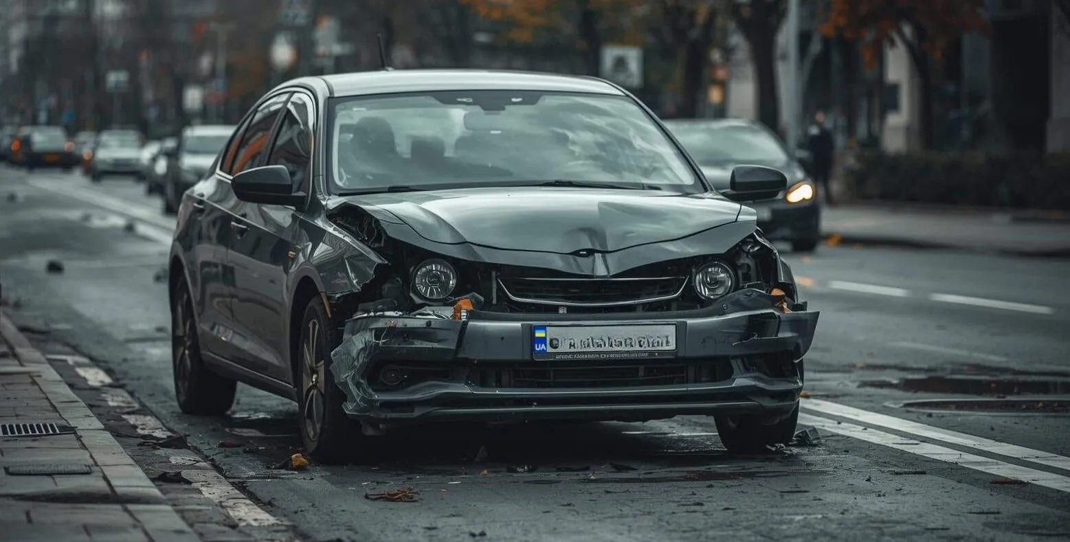 Auto mit Frontschaden auf Stadtstraße