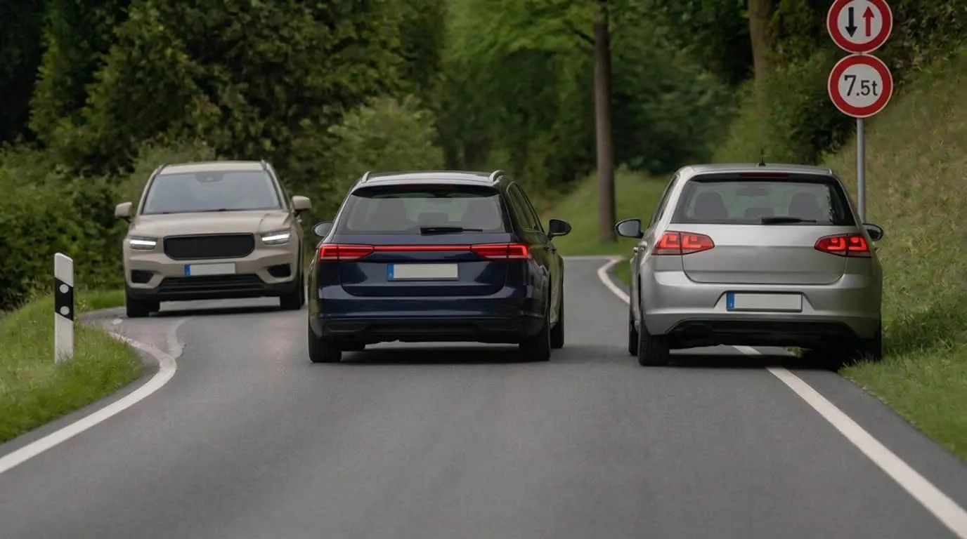 Drei Autos auf schmaler Landstraße