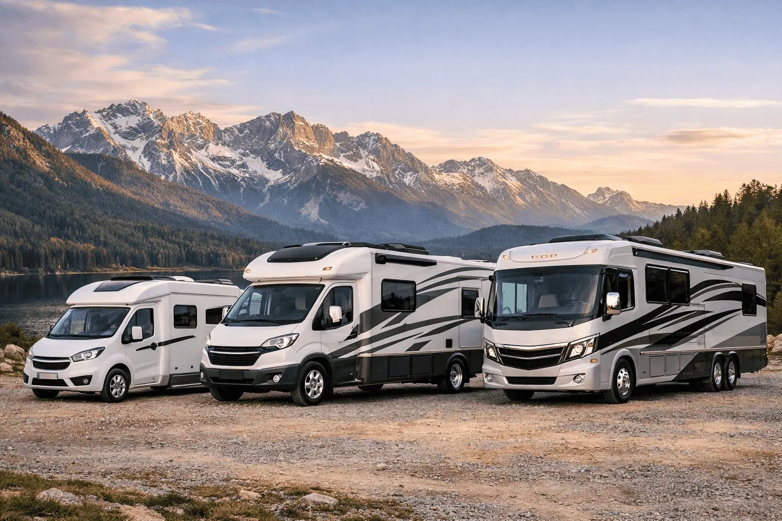 Drei Wohnmobile vor Bergsee mit Alpenpanorama